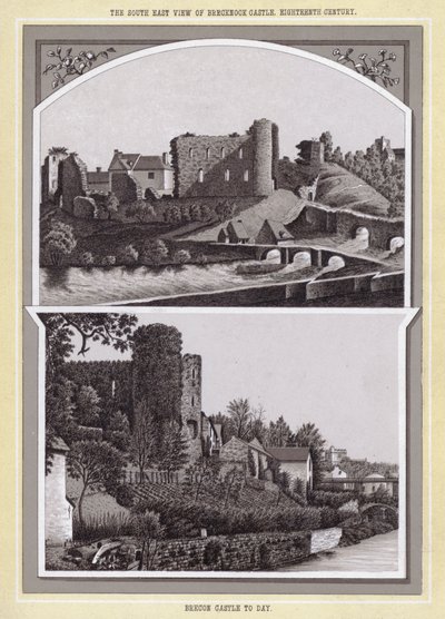Vista sud-est del castello di Brecknock, XVIII secolo; Castello di Brecon oggi da English School