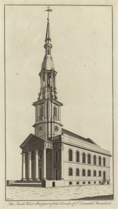 Prospetto sud-ovest della Chiesa di St Leonard, Shoreditch da English School