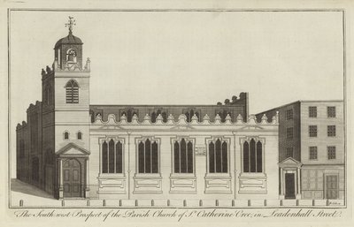 Prospetto sud-ovest della Chiesa parrocchiale di St Catherine Cree in Leadenhall Street, Londra da English School