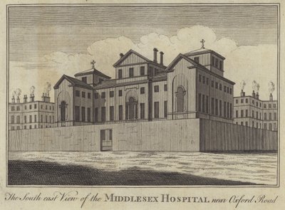 Veduta sud-est del Middlesex Hospital vicino a Oxford Road, Londra da English School