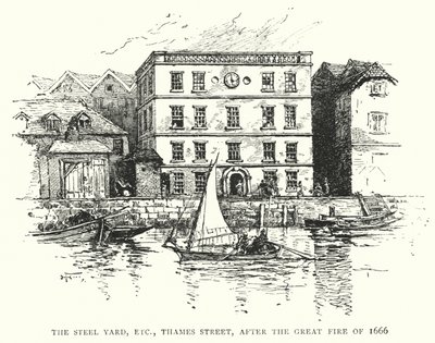 The Steel Yard, ecc, Thames Street, dopo il Grande Incendio del 1666 (incisione) da English School