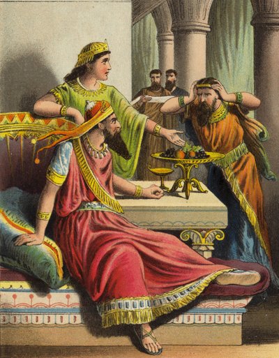 La storia della regina Ester: Ester accusa Aman (litografia a colori) da English School