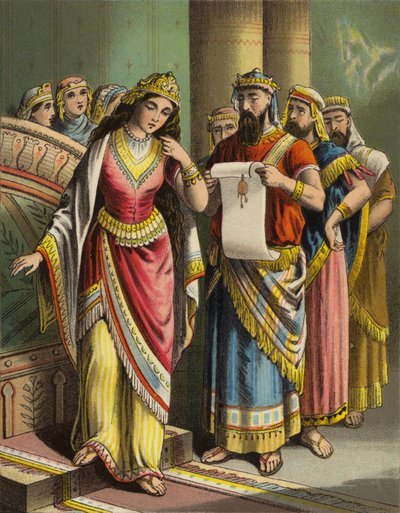 La storia della regina Ester: La disgrazia di Vashti (litografia a colori) da English School