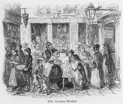 Il mercato della domenica, Londra (incisione) da English School