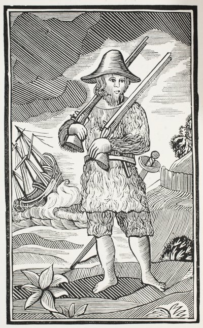 La sorprendente vita e le più strane avventure di Robinson Crusoe della città di York, marinaio, illustrazione da Chap-books del XVIII secolo di John Ashton, pub. 1882 da English School