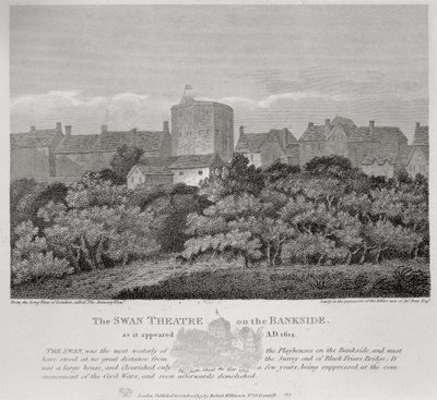 Il Teatro del Cigno sulla Bankside come appariva nel 1614, pubblicato 1809 da English School