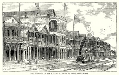 Il capolinea della ferrovia di Panama a Colon (Aspinwall) (incisione) da English School