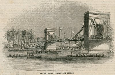La Regata del Tamigi, barche in procinto di passare sotto il Ponte di Hammersmith da English School
