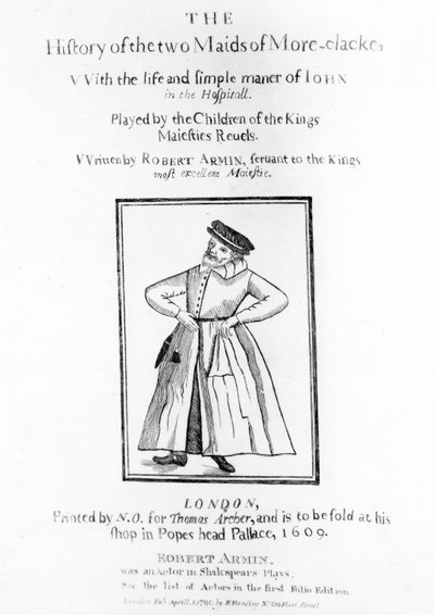 La pagina del titolo della Storia delle due cameriere di More-clacke di Robert Armin da English School