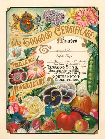 Certificato di eccellenza in orticoltura Toogood da English School