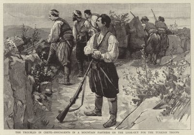 I disordini a Creta, insorti in un rifugio di montagna in attesa delle truppe turche (incisione) da English School