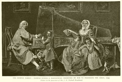 La famiglia Tschudi: Tschudi che accorda uno strumento presentato a Federico il Grande, 1745 da English School
