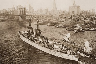 La corazzata degli Stati Uniti, Texas, che parte dal porto di New York, illustrazione da 