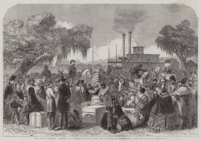 La Guerra in America, arrivo di un piroscafo federale con bandiera di tregua a Madisonville, Lago Portchartrain (incisione) da English School
