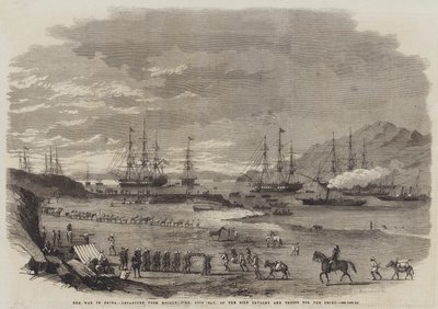 La guerra in Cina, partenza dal molo di Hockly, Odin Bay, della cavalleria Sikh e delle truppe per il Peiho da English School
