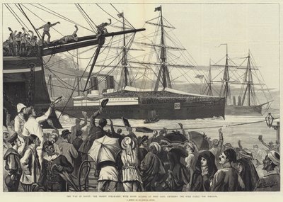 La guerra in Egitto, la nave a vapore Orient, con le Guardie Scozzesi, a Port Said, che entra nel Canale di Suez per Ismailia da English School