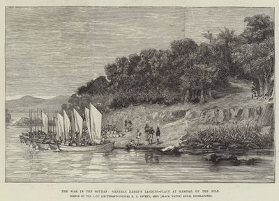 La guerra nel Sudan, luogo di sbarco del generale Earle a Hamdab, sul Nilo (incisione) da English School