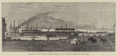 La guerra nel Sudan, il campo delle truppe nere di Zobehr Pasha ai moli di Suez (incisione) da English School