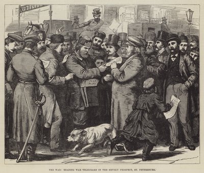 La guerra, lettura dei telegrammi di guerra nella Prospettiva Nevsky, San Pietroburgo (incisione) da English School
