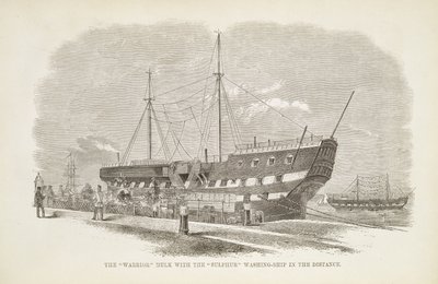 La nave prigione Warrior con la nave di lavaggio di zolfo in lontananza, da The Criminal Prisons of London and Scenes of Prison Life di Henry Mayhew e John Binny, 1862 da English School