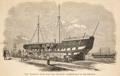La nave Warrior hulk con la nave da lavaggio Sulphur in lontananza, illustrazione da The Criminal Prisons of London and Scenes from Prison Life di Henry Mayhew e John Binny, pub. 1862 da English School