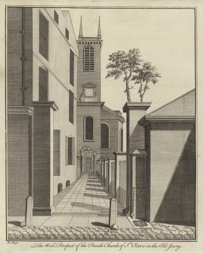 Prospetto ovest della chiesa parrocchiale di St Olave in Old Jewry, Londra da English School