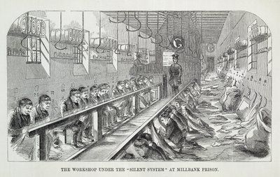 Il laboratorio sotto il sistema del silenzio nella prigione di Millbank, da The Criminal Prisons of London and Scenes of Prison Life di Henry Mayhew e John Binny, 1862 da English School