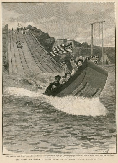 Il Worlds Water Show a Earls Court, Londra; Captain Boytons Water Toboggan in azione da English School