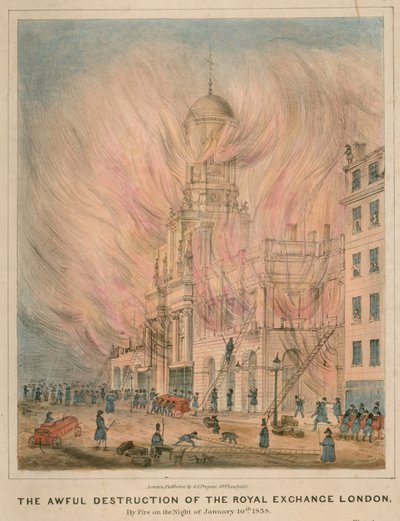 La terribile distruzione della Royal Exchange, Londra, per incendio nella notte del 10 gennaio 1838 da English School