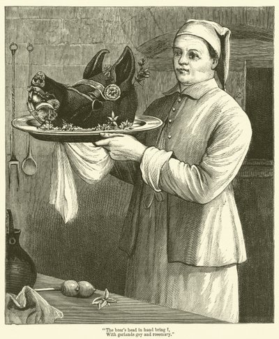 La testa di cinghiale in mano porto, con ghirlande e rosmarino da English School
