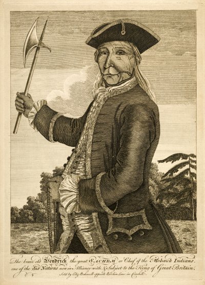 Il coraggioso vecchio Hendrick il Grande Sachem o Capo degli Indiani Mohawk, pub. 1755 (incisione) da English School