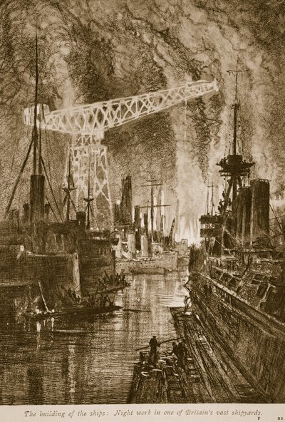 La costruzione delle navi: lavoro notturno in uno dei vasti cantieri navali britannici, 1914-19 da English School