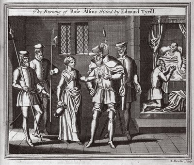 Il rogo della mano di Rose Allins da parte di Edmund Tyrill, illustrazione da Foxes Martyrs c.1703 da English School