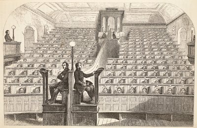 La cappella, nel sistema separato, nella prigione di Pentonville, durante il servizio divino, illustrazione da The Criminal Prisons of London and Scenes from Prison Life di Henry Mayhew e John Binny, pub. 1862 da English School