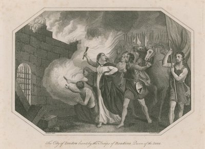 La città di Londra bruciata dalle truppe di Boadicea, Regina degli Iceni da English School