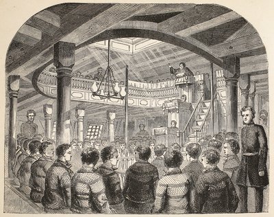La cappella dei detenuti a bordo della nave Defence hulk a Woolwich, illustrazione da The Criminal Prisons of London and Scenes from Prison Life di Henry Mayhew e John Binny, pub. 1862 da English School