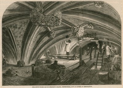 La cripta sotto la vecchia Cappella di San Stefano, Westminster, ora in corso di restauro da English School