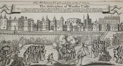 La descrizione del Castello di Windsor, illustrazione da Atti e Monumenti di John Foxe, nona edizione, pub. 1684 da English School