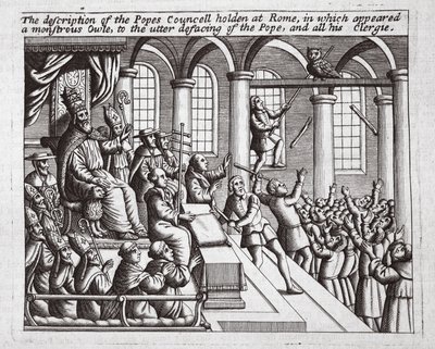 La descrizione del Concilio dei Papi tenuto a Roma, in cui apparve un gufo mostruoso, a totale discredito del Papa e di tutto il suo clero, illustrazione da Atti e Monumenti di John Foxe, nona edizione da English School