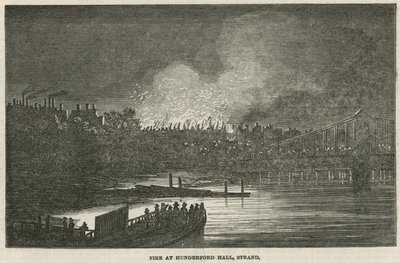 La distruzione per incendio di Hungerford Hall, Strand, Londra da English School