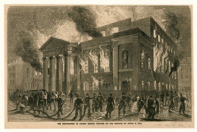 La distruzione del Teatro di Covent Garden, Londra, la mattina del 5 marzo 1856 da English School