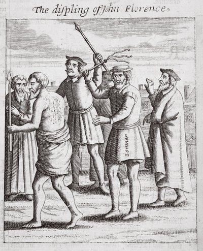 La disciplina di John Florence, illustrazione da Atti e Monumenti di John Foxe, nona edizione, pub. 1684 da English School