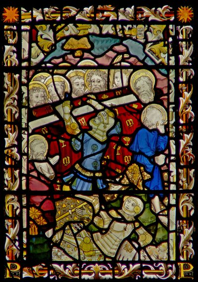 La finestra est che raffigura il funerale della Vergine Maria e il rovesciamento della bara (il ragazzo di Bourges) da English School