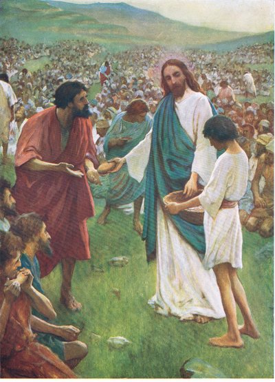 La moltiplicazione dei pani e dei pesci, da The Bible Picture Book pubblicato da Thomas Nelson, c.1950 (litografia a colori) da English School