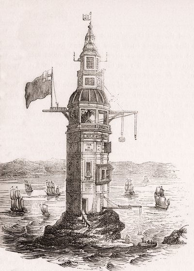 Il primo faro eretto sugli scogli di Eddystone, Plymouth, Devon, Inghilterra da English School