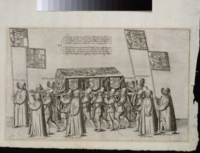 Il corteo funebre di Sir Philip Sidney (1554-1586) verso la Cattedrale di St. Paul, 1587, inciso da Theodor de Bry (1528-1598) da English School