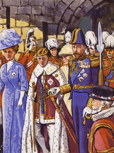 Il futuro Re Edoardo VIII investito come Principe di Galles (litografia a colori) da English School