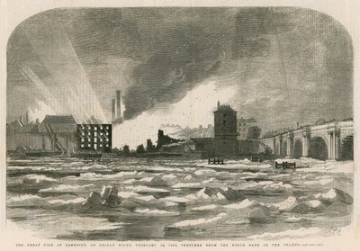 Il grande incendio a Bankside venerdì notte, 14 febbraio 1855, schizzato dalla riva nord del Tamigi da English School