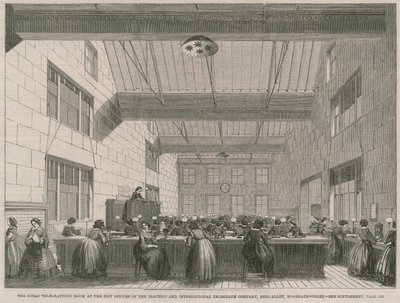 La grande sala del telegrafo nei nuovi uffici della Electric and International Telegraph Company da English School