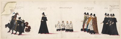 Il cavallo intrappolato con velluto, guidato da due scudieri; il Sergente della Vestrie; Bambini della Cappella Reale. Parte del corteo funebre della regina Elisabetta I all